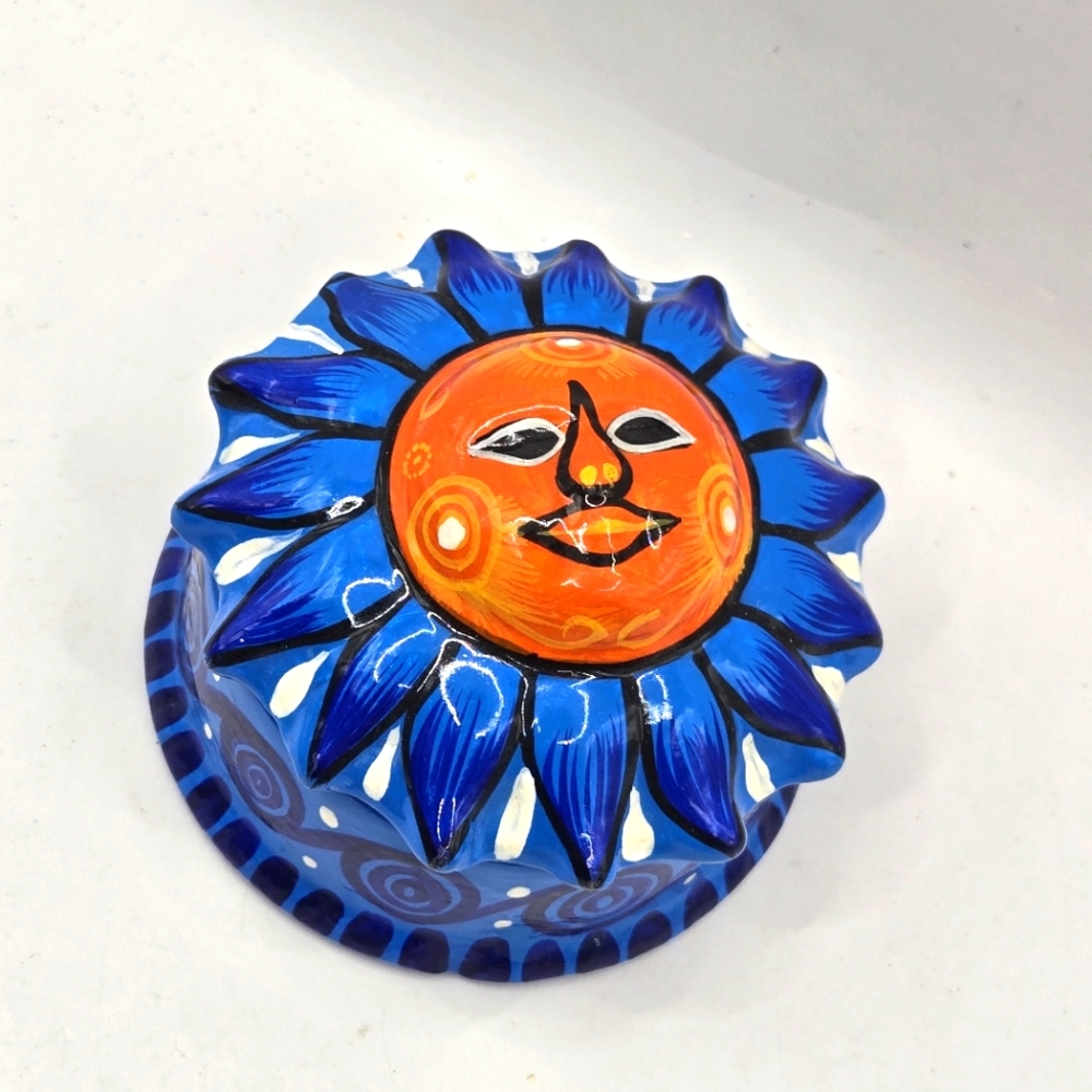 Vintage Mexican Ceramic Sun Face Trinket Box Blue Orange Handmade Handpainted